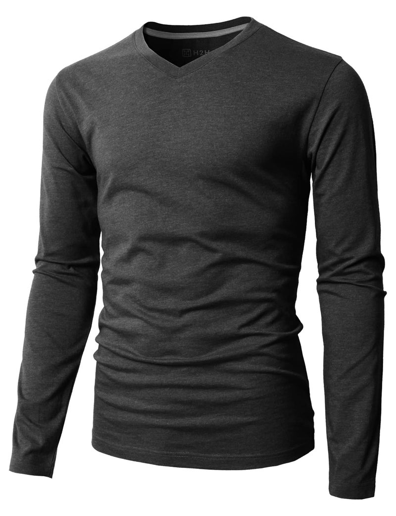 H2H Comfortably Stylish Mens V-Neck Long Sleeve Slim Fit T-Shirts Charcoal US M/Asia L (KMTTL0374) - Image 1